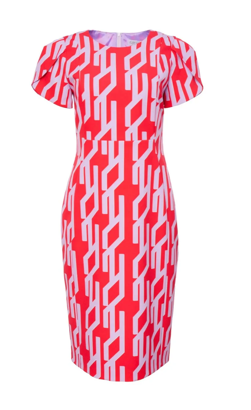 24137- Kate Cooper Print Dress with cross over sleeve- Chilli