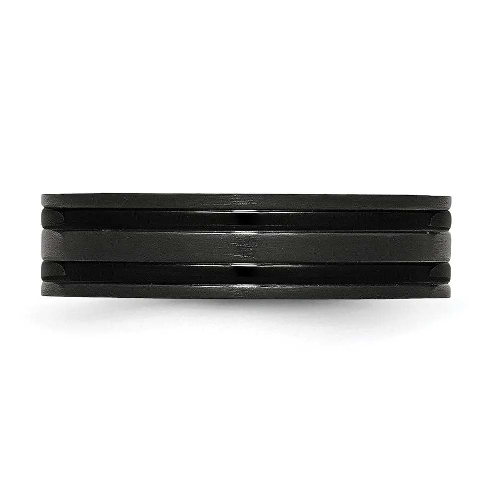 6mm Black Plated Titanium Brushed & Polished Grooved Comfort Fit Band