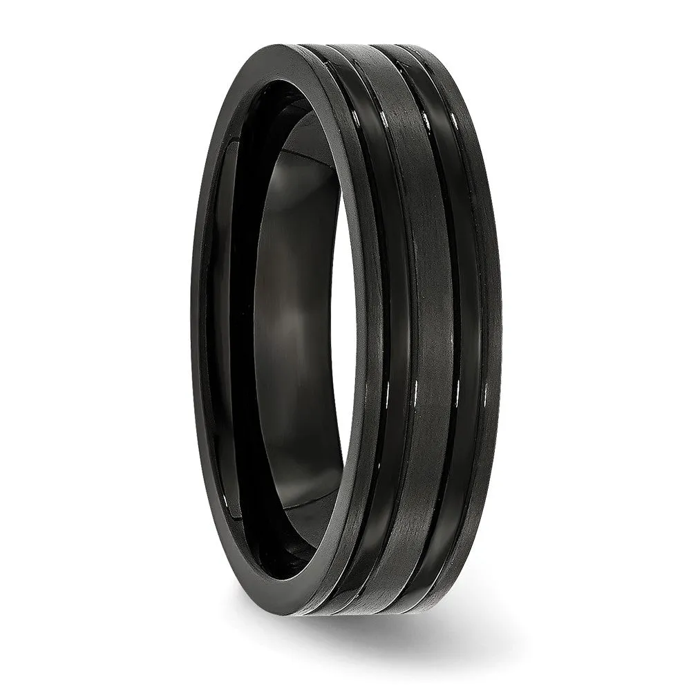 6mm Black Plated Titanium Brushed & Polished Grooved Comfort Fit Band