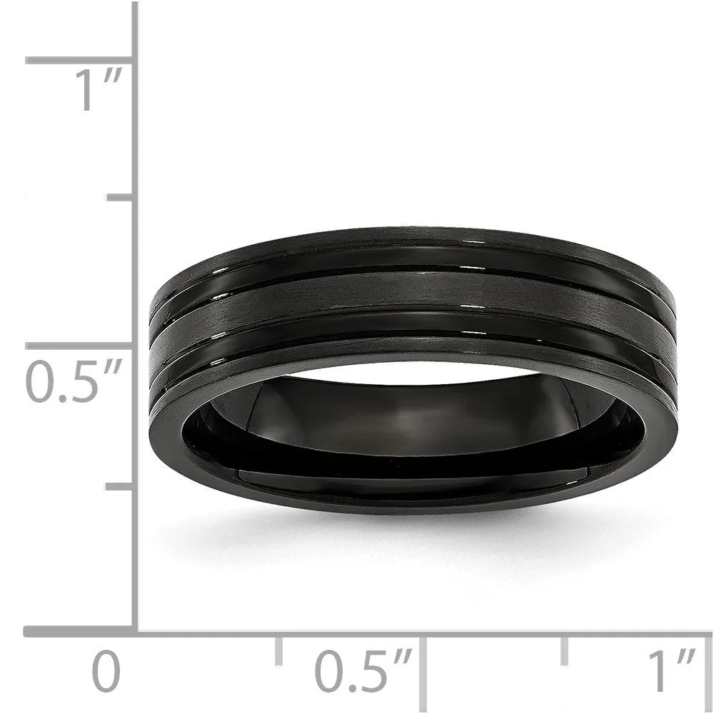 6mm Black Plated Titanium Brushed & Polished Grooved Comfort Fit Band