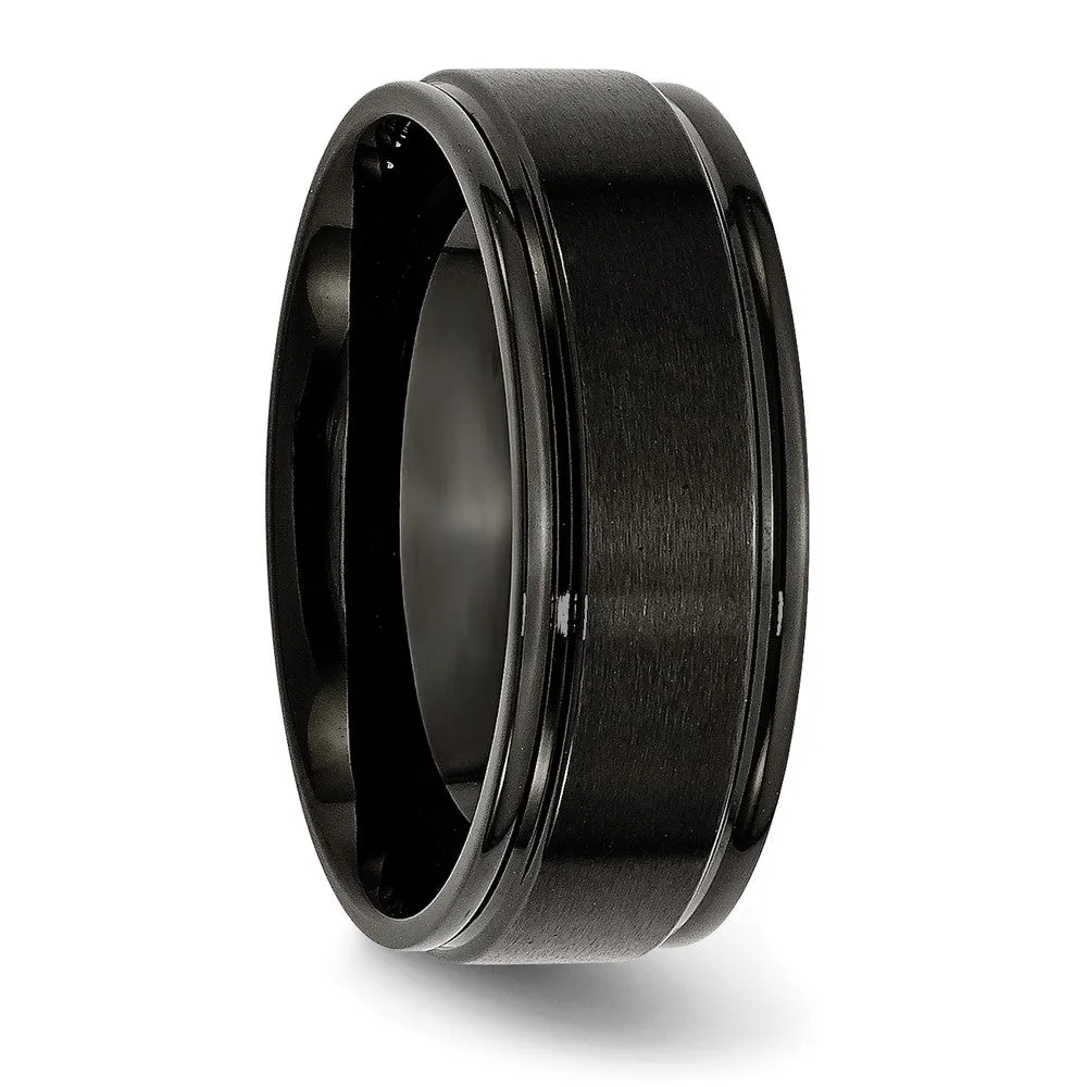 8mm Black Plated Stainless Steel Brushed Center Grooved Edges Band