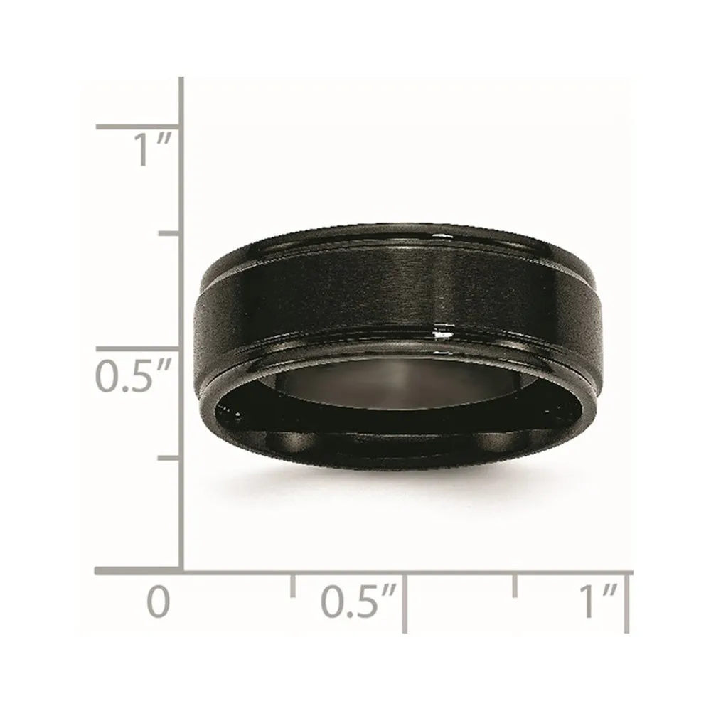 8mm Black Plated Stainless Steel Brushed Center Grooved Edges Band