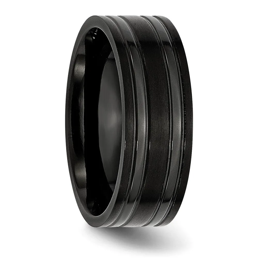 8mm Black Plated Titanium Brushed & Polished Grooved Comfort Fit Band