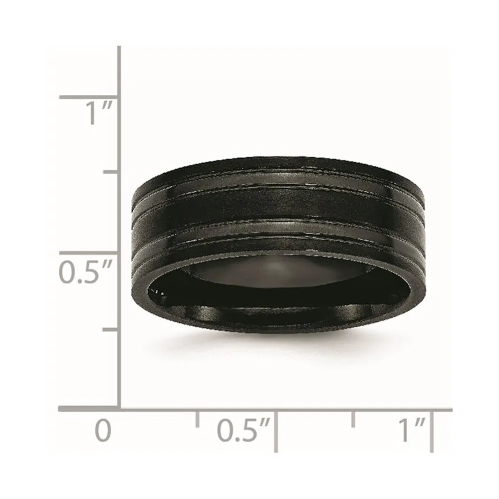 8mm Black Plated Titanium Brushed & Polished Grooved Comfort Fit Band