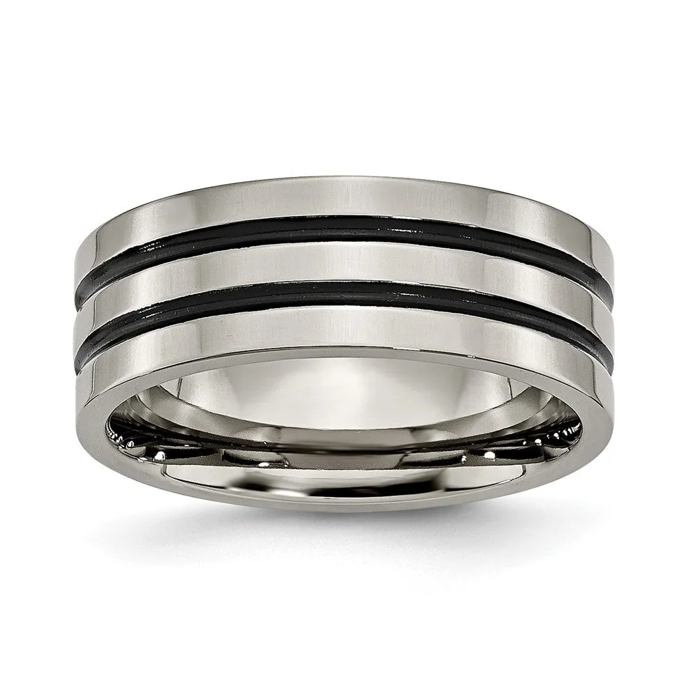 8mm Titanium & Black Enamel Polished Grooved Flat Standard Fit Band