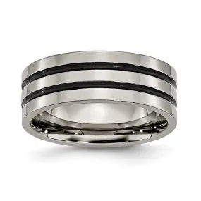 8mm Titanium & Black Enamel Polished Grooved Flat Standard Fit Band