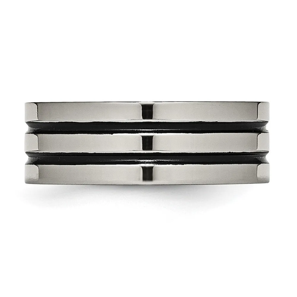 8mm Titanium & Black Enamel Polished Grooved Flat Standard Fit Band