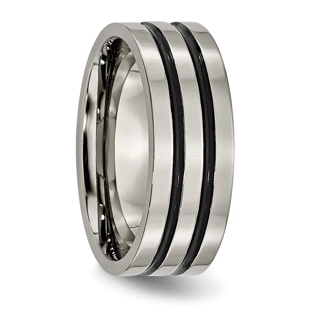 8mm Titanium & Black Enamel Polished Grooved Flat Standard Fit Band