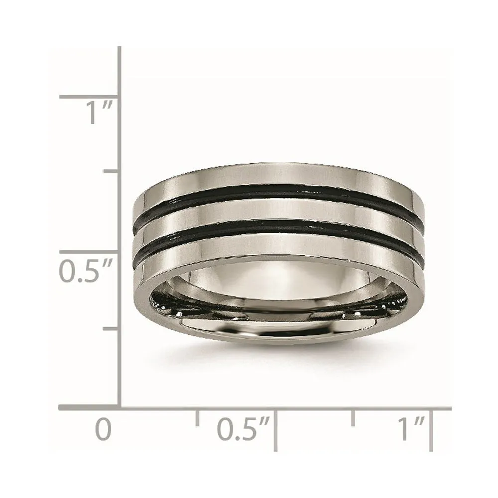 8mm Titanium & Black Enamel Polished Grooved Flat Standard Fit Band