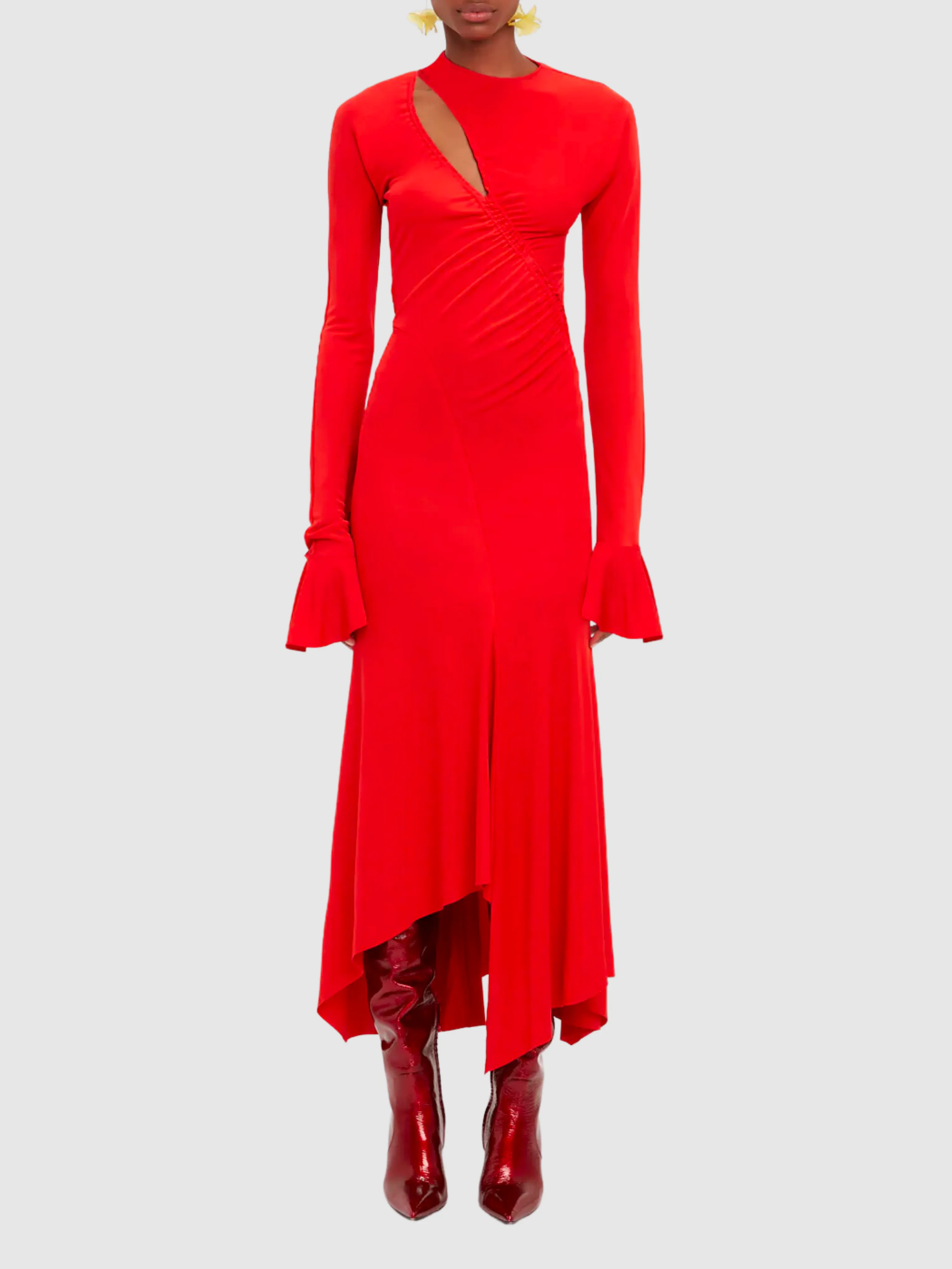 Asymmetric Slash Jersey Midi Dress in Crimson