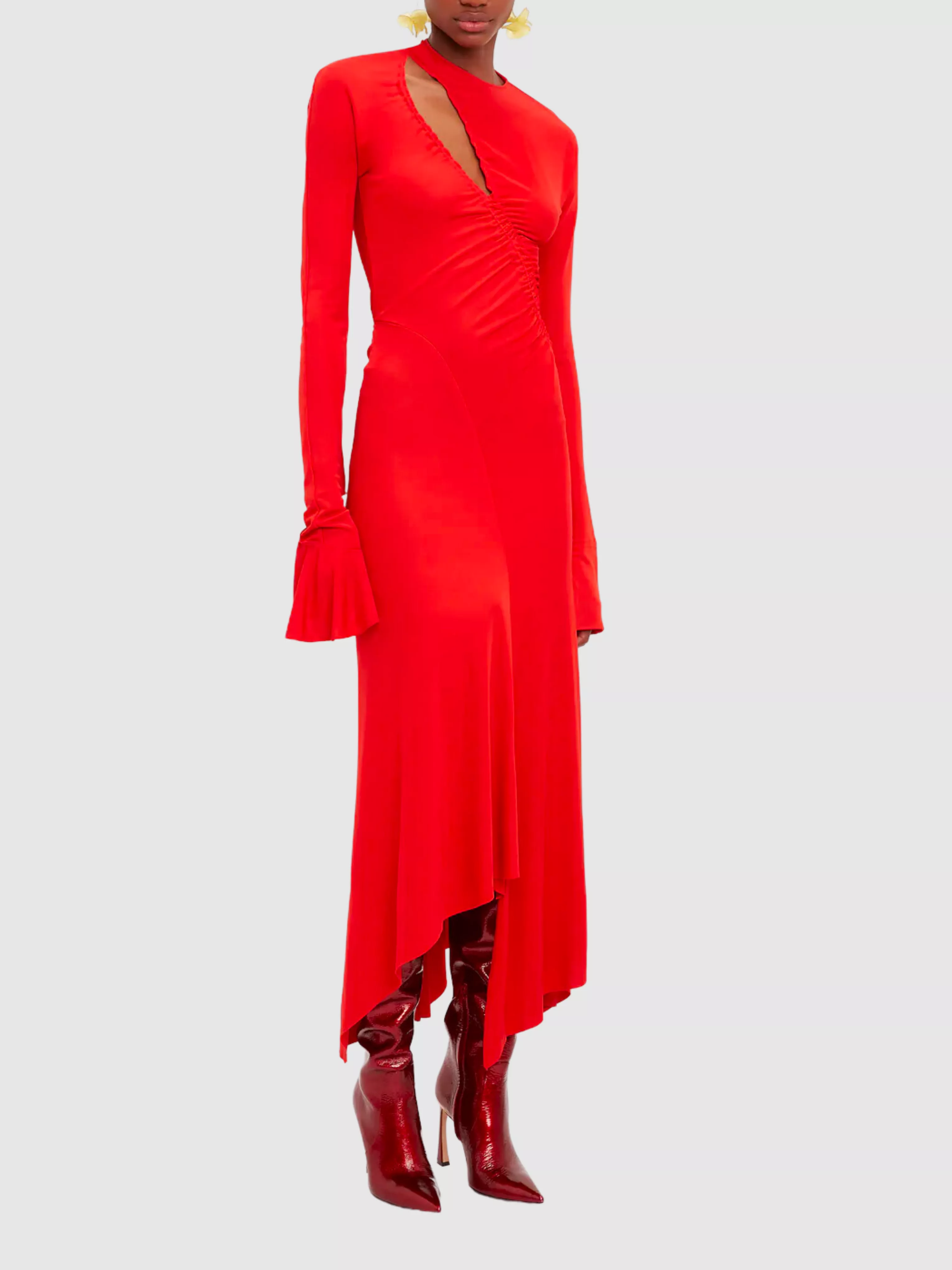 Asymmetric Slash Jersey Midi Dress in Crimson