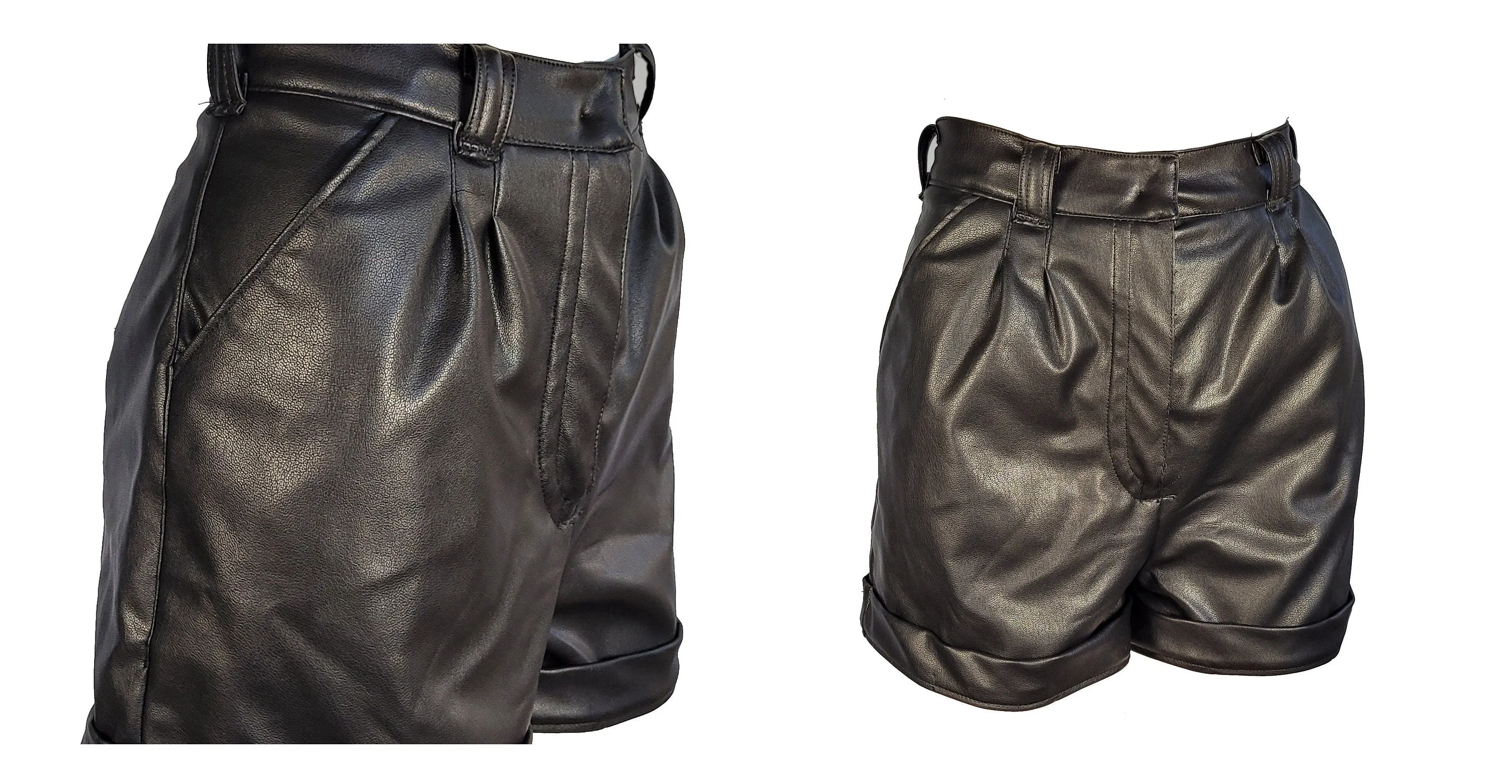 black leather pleated high waist shorts | Vegan