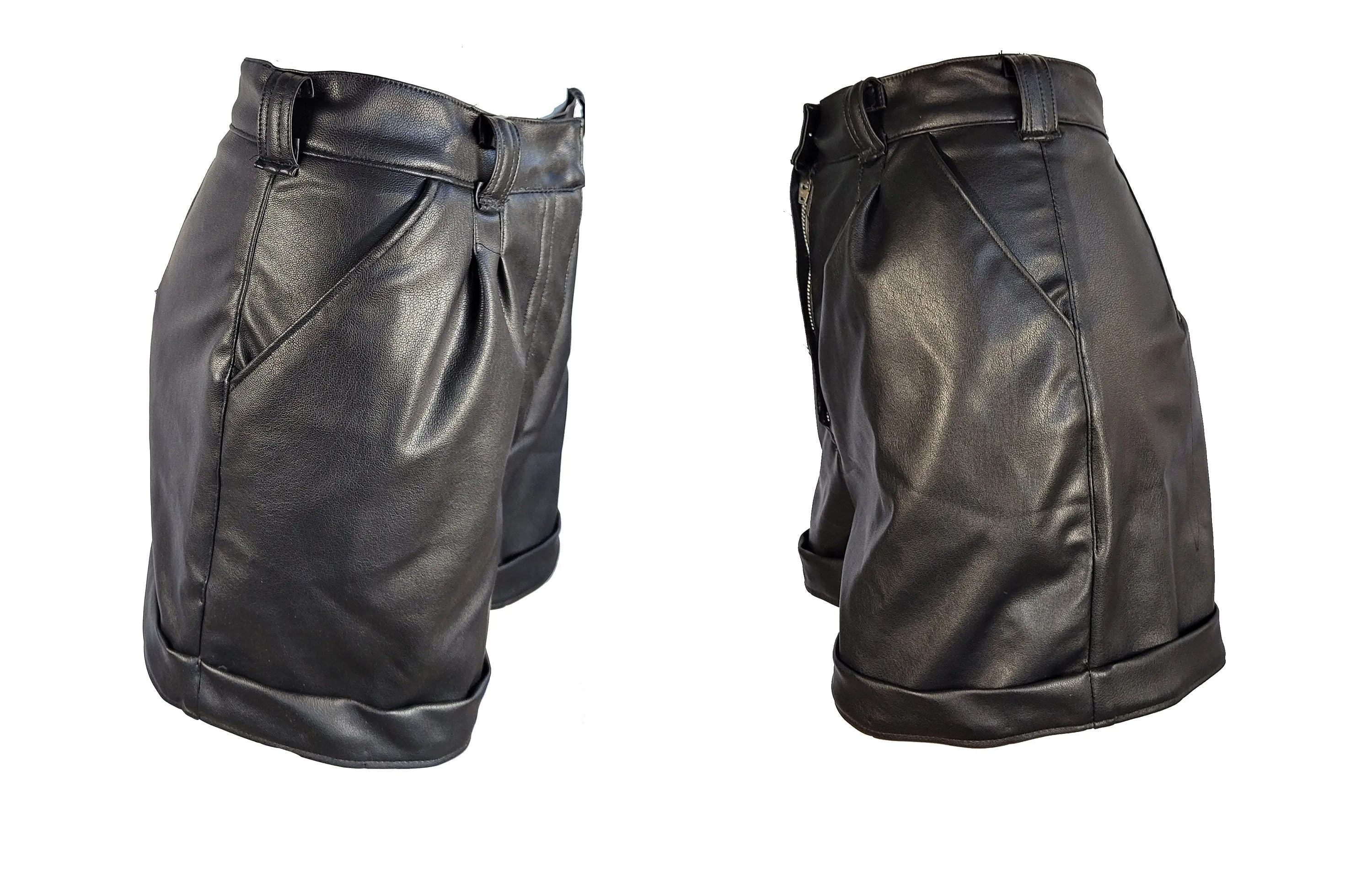 black leather pleated high waist shorts | Vegan