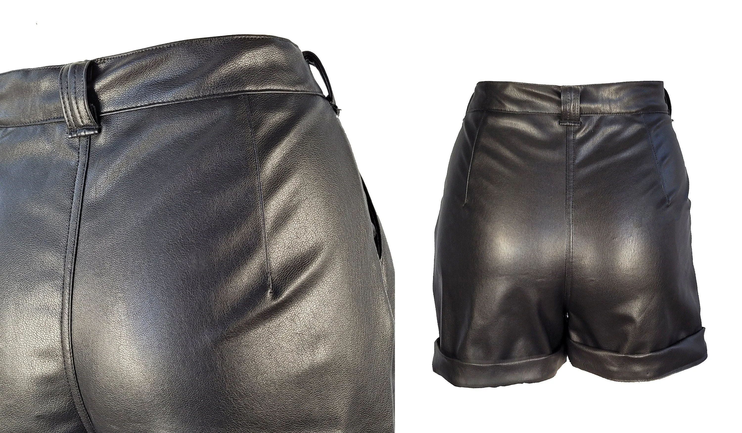 black leather pleated high waist shorts | Vegan