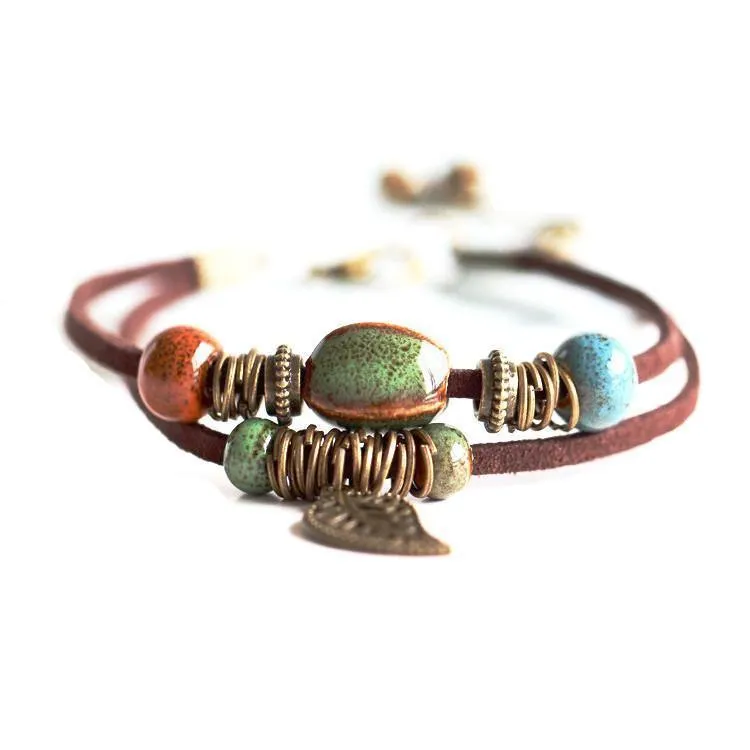 Bohemian Style Leaf Hippie Beads Ceramic Bracelet