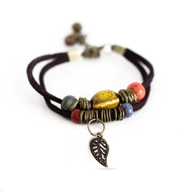 Bohemian Style Leaf Hippie Beads Ceramic Bracelet