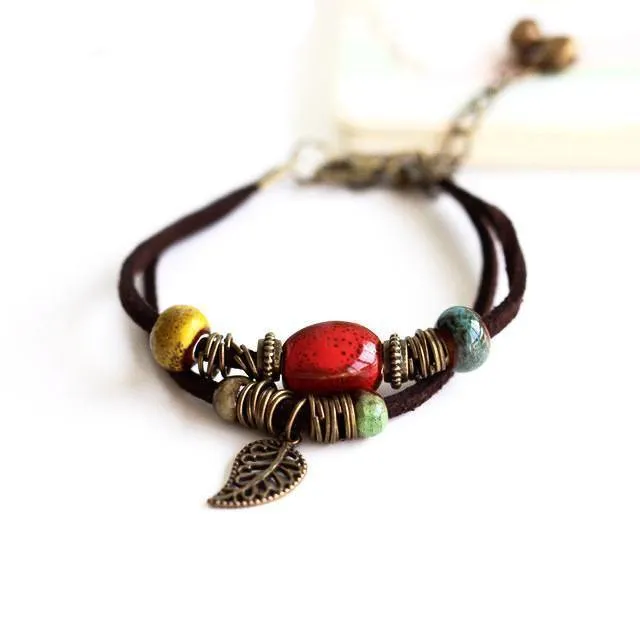 Bohemian Style Leaf Hippie Beads Ceramic Bracelet