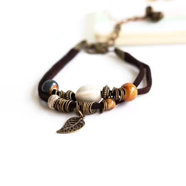 Bohemian Style Leaf Hippie Beads Ceramic Bracelet