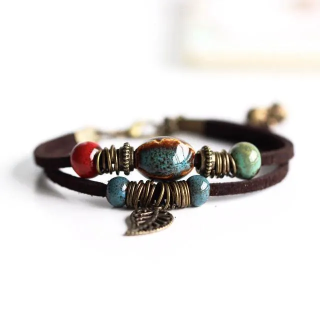 Bohemian Style Leaf Hippie Beads Ceramic Bracelet