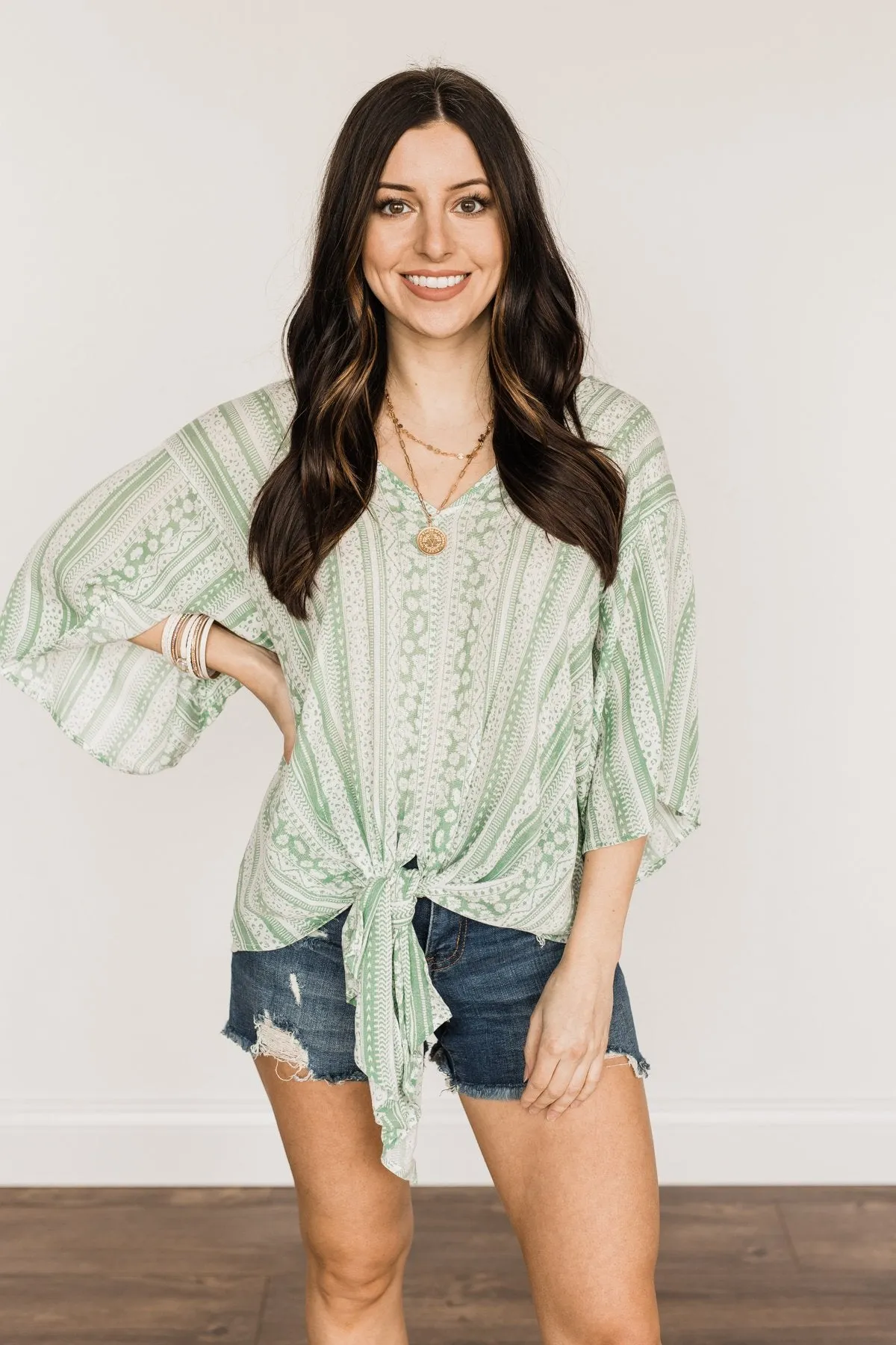 Born To Lead Front Tie Blouse- Sage & Ivory