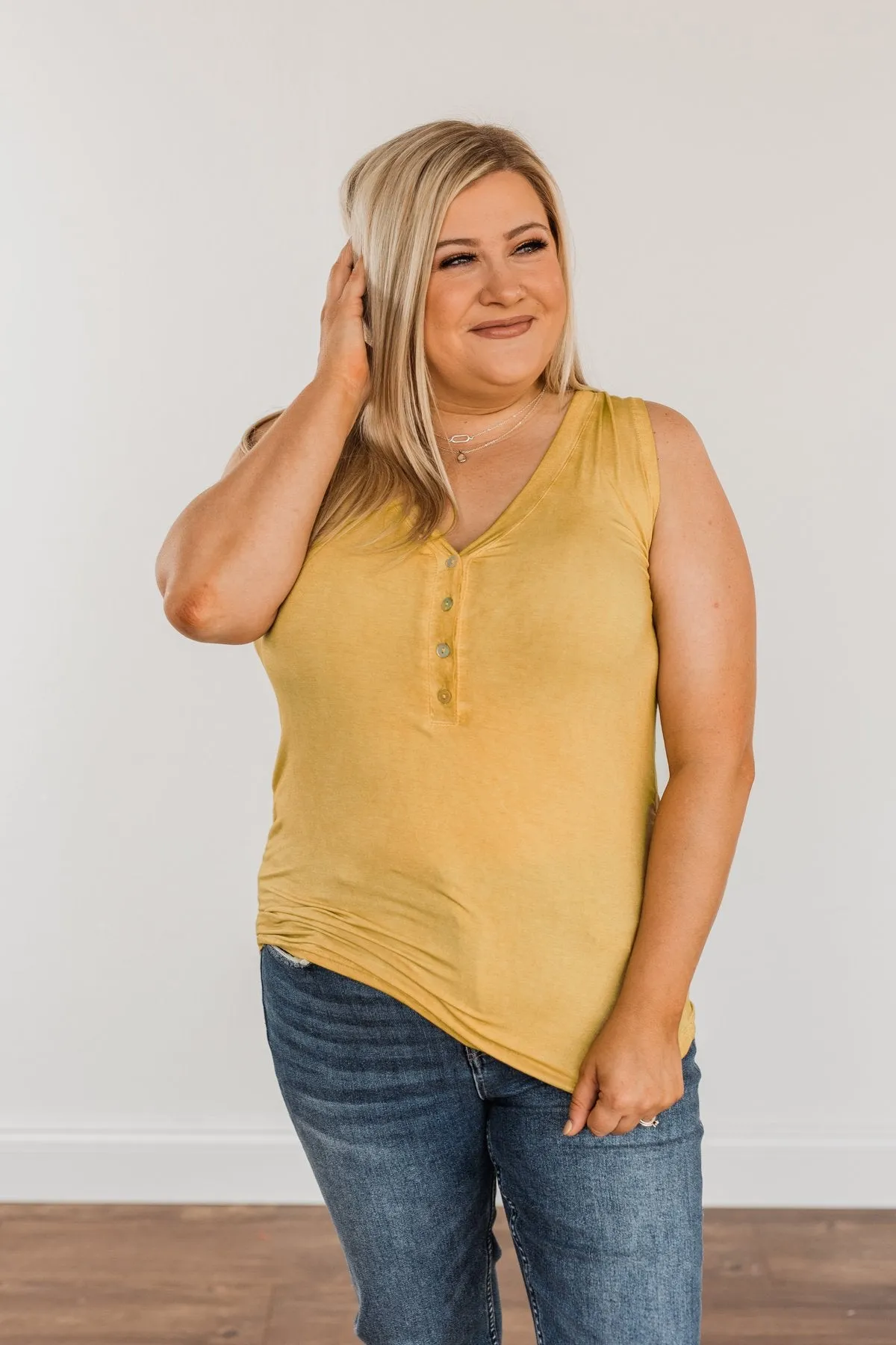 Charming Encounters Button Tank Top- Mustard Yellow