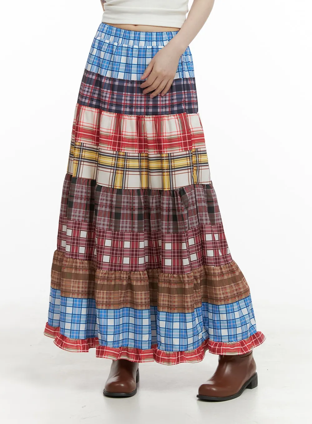 Checkered Ruffle Patchwork Maxi Skirt CA411