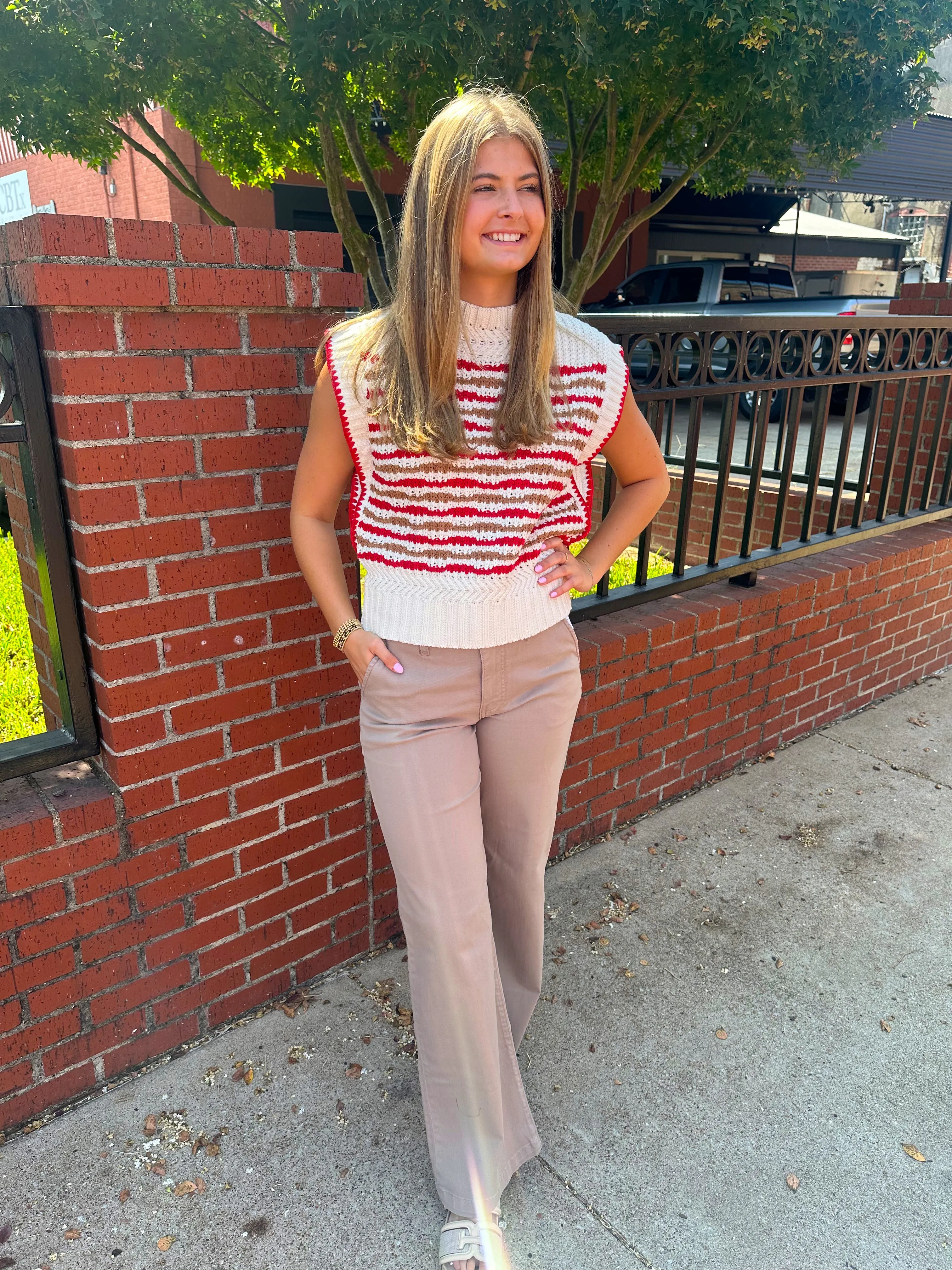 Contrast Stitch Mock Neck Sweater Vest- Ivory and Red