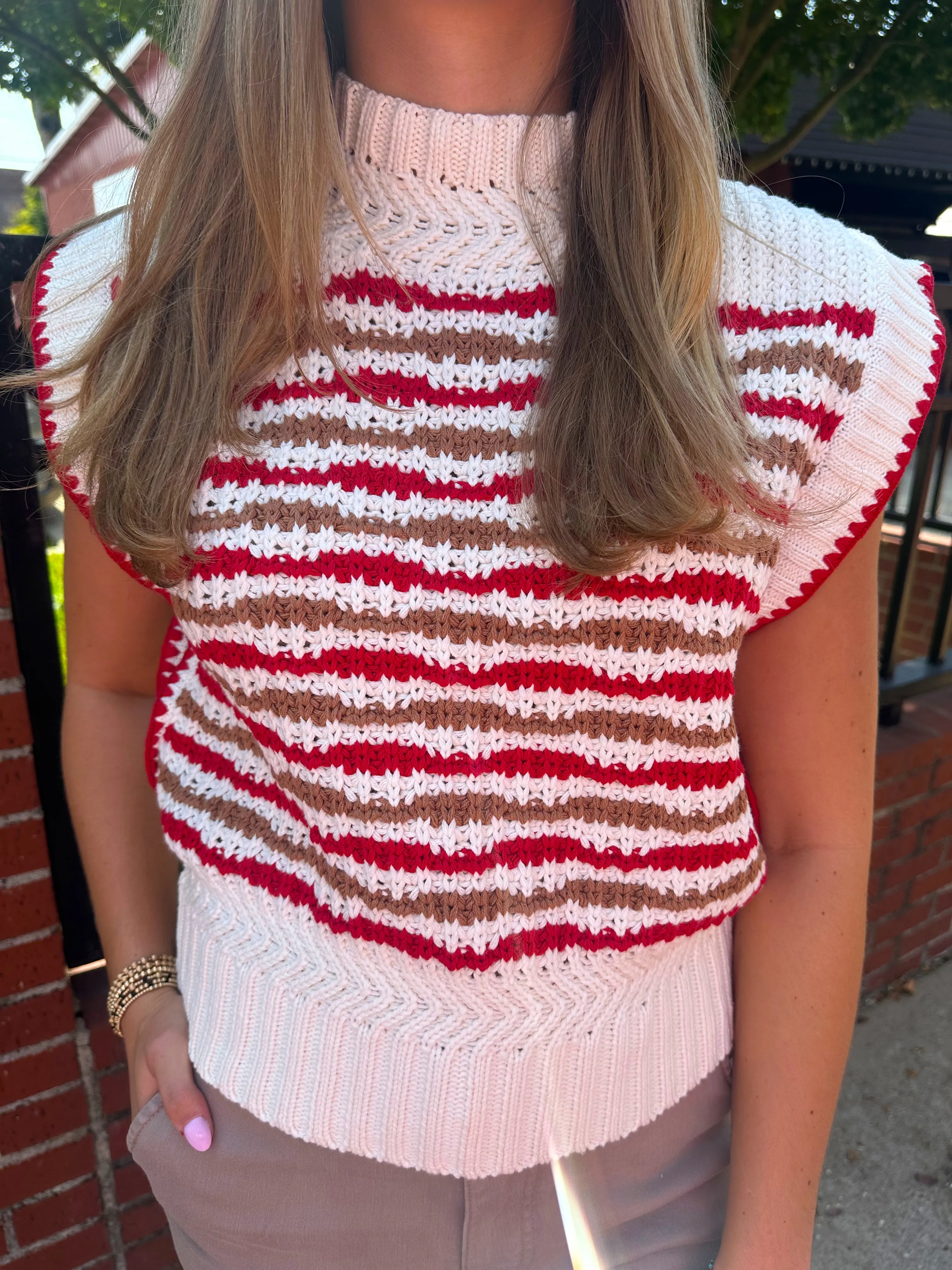 Contrast Stitch Mock Neck Sweater Vest- Ivory and Red