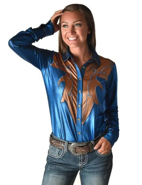 Cowgirl Tuff Womens Western Metallic Blue/Copper Polyester L/S Shirt