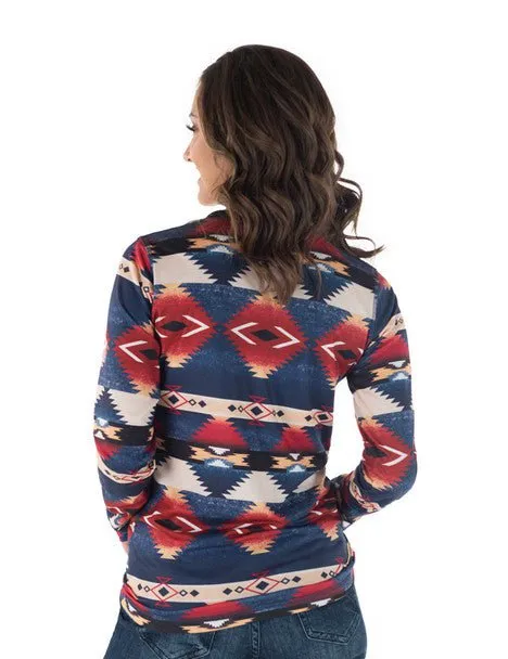 Cowgirl Tuff Womens Western Midweight Red/Blue Poly/Spandex L/S T-Shirt