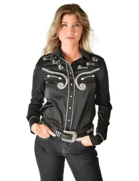 Cowgirl Tuff Womens White Satin Western Black Nylon L/S Shirt