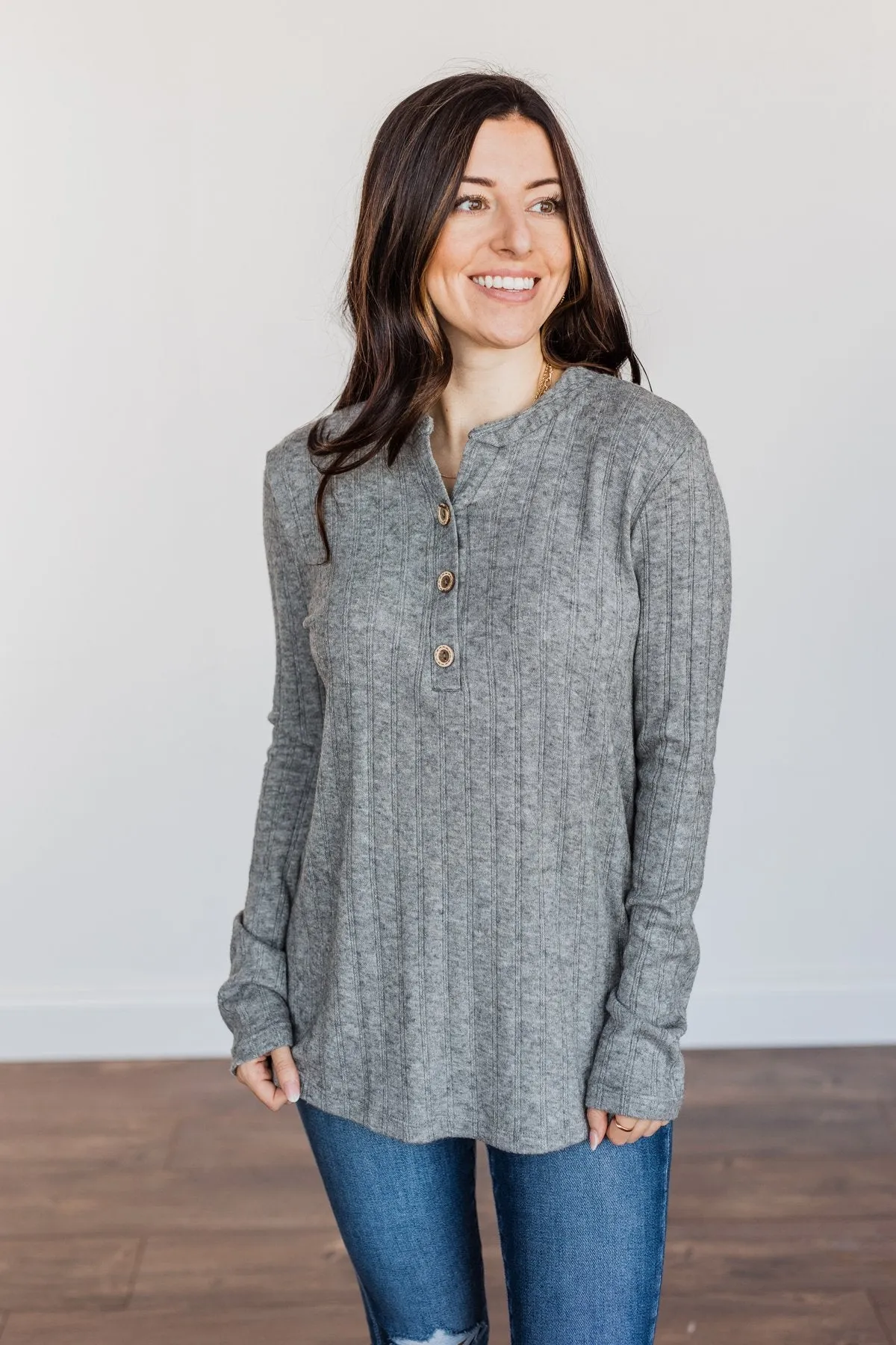 Cozy Up Close Button Henley Top- Grey