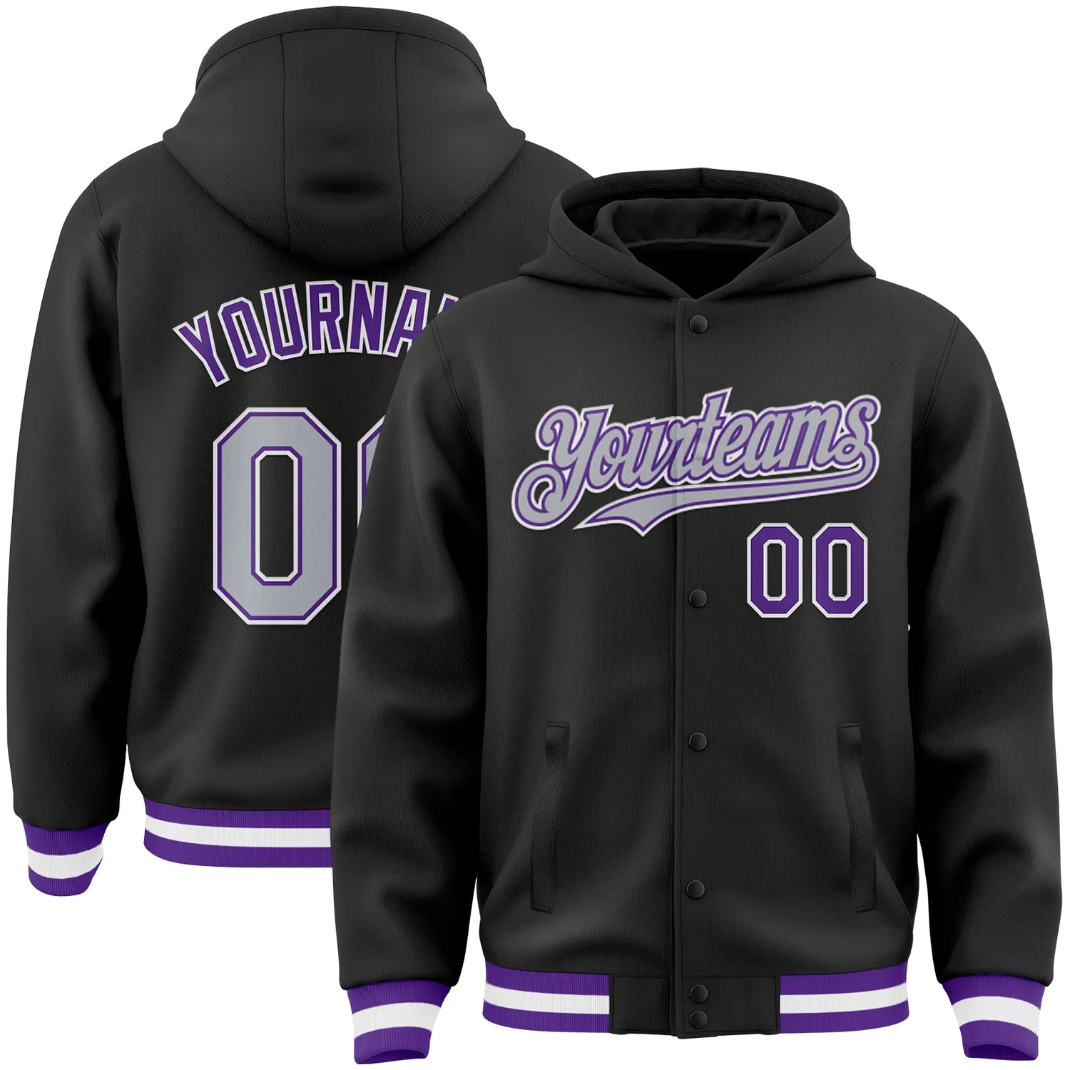 Custom Black Gray-Purple Bomber Full-Snap Varsity Letterman Hoodie Jacket