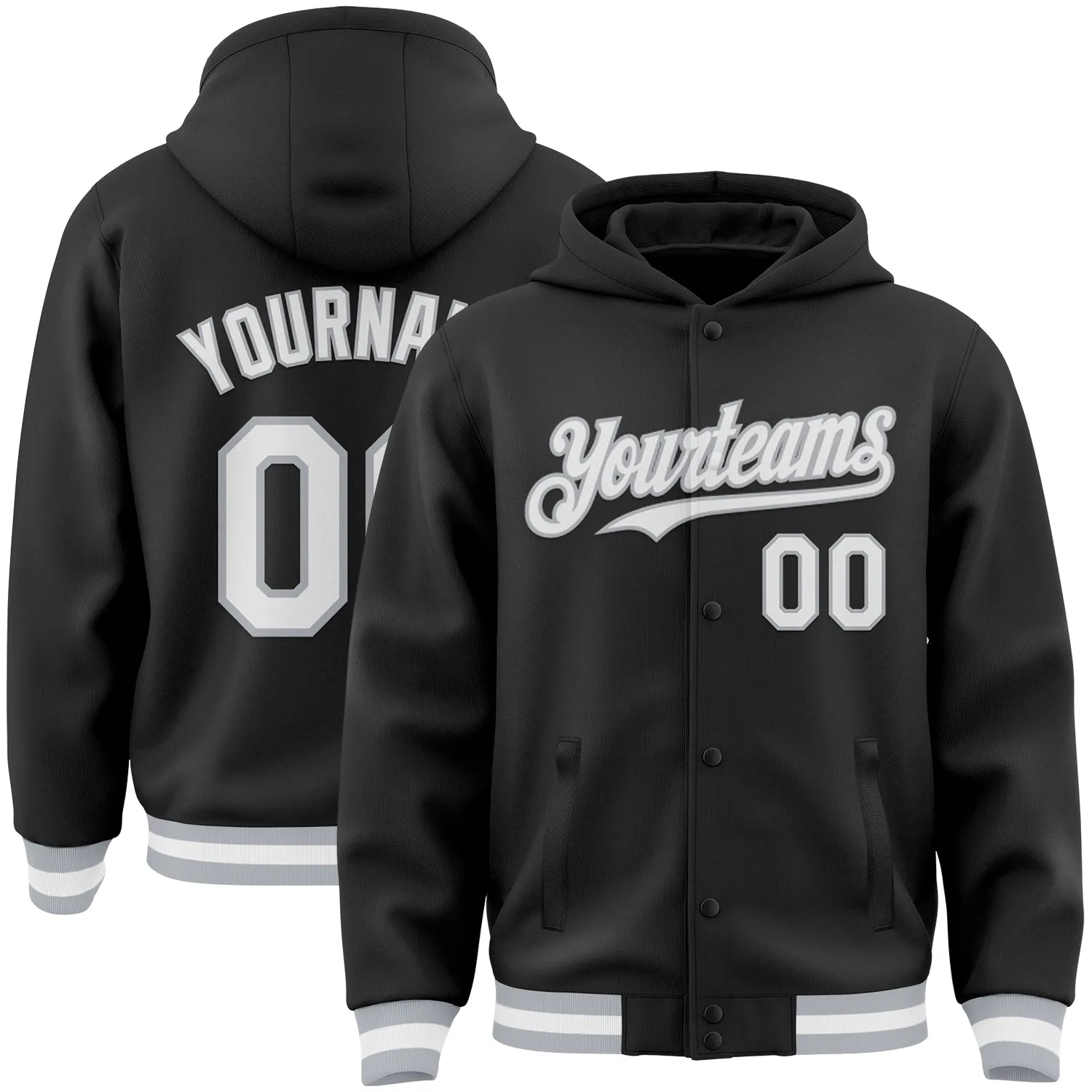 Custom Black White-Gray Bomber Full-Snap Varsity Letterman Hoodie Jacket