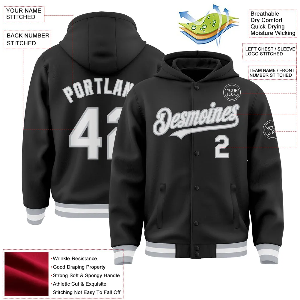 Custom Black White-Gray Bomber Full-Snap Varsity Letterman Hoodie Jacket