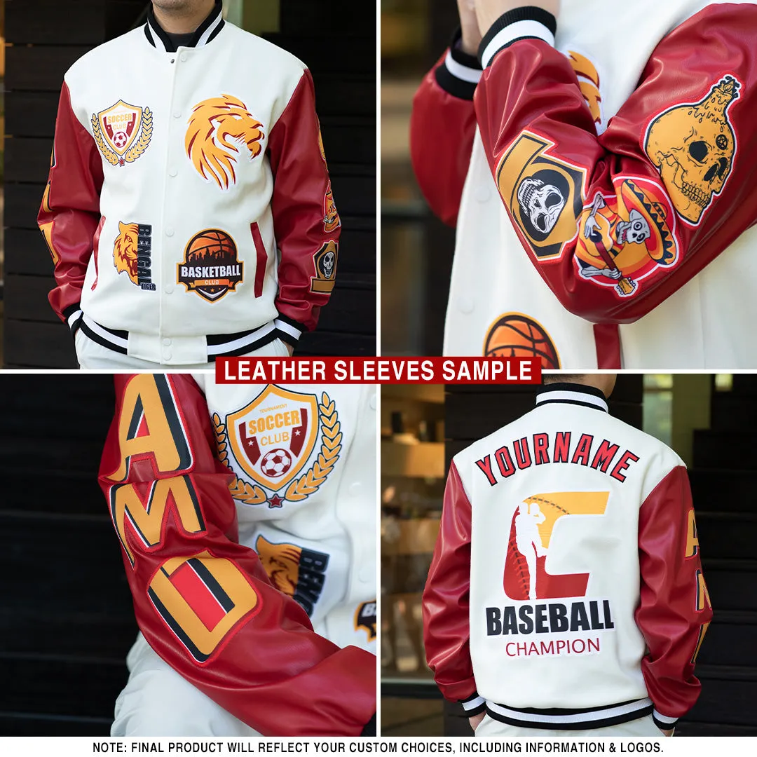 Custom Orange White Check Board 3D Pattern Design Bomber Full-Snap Varsity Letterman Jacket