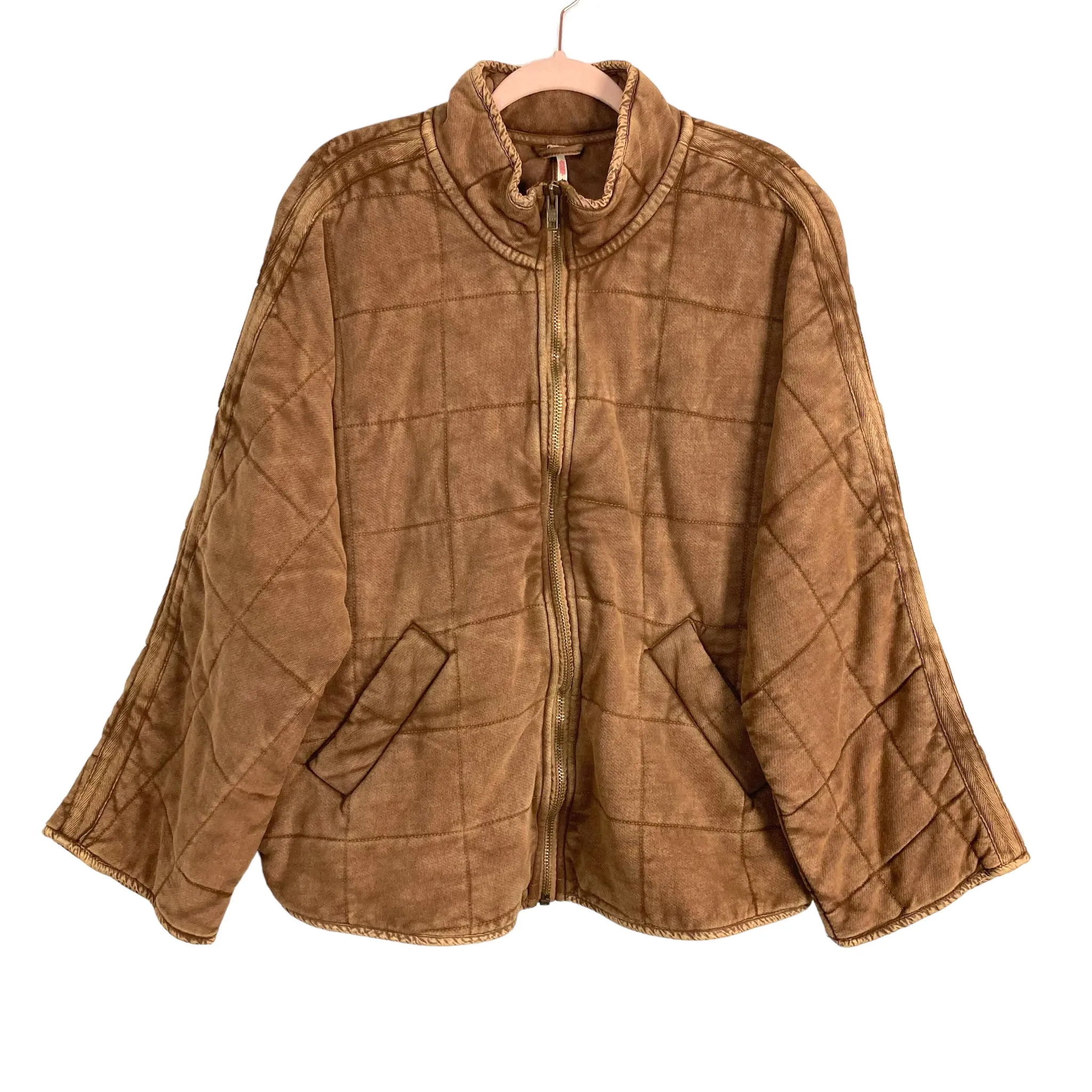 FREE PEOPLE BROWN QUILTED KNIT ZIP UP JACKET- SIZE M ( ONLINE)