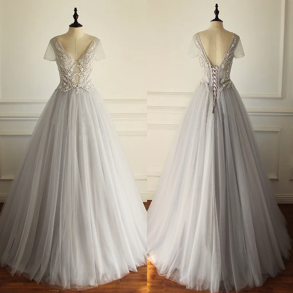 Gorgeous Beading Appliques Unique Gray Tulle A-line Short Sleeve Lace Up Back Wedding Dress,DB093