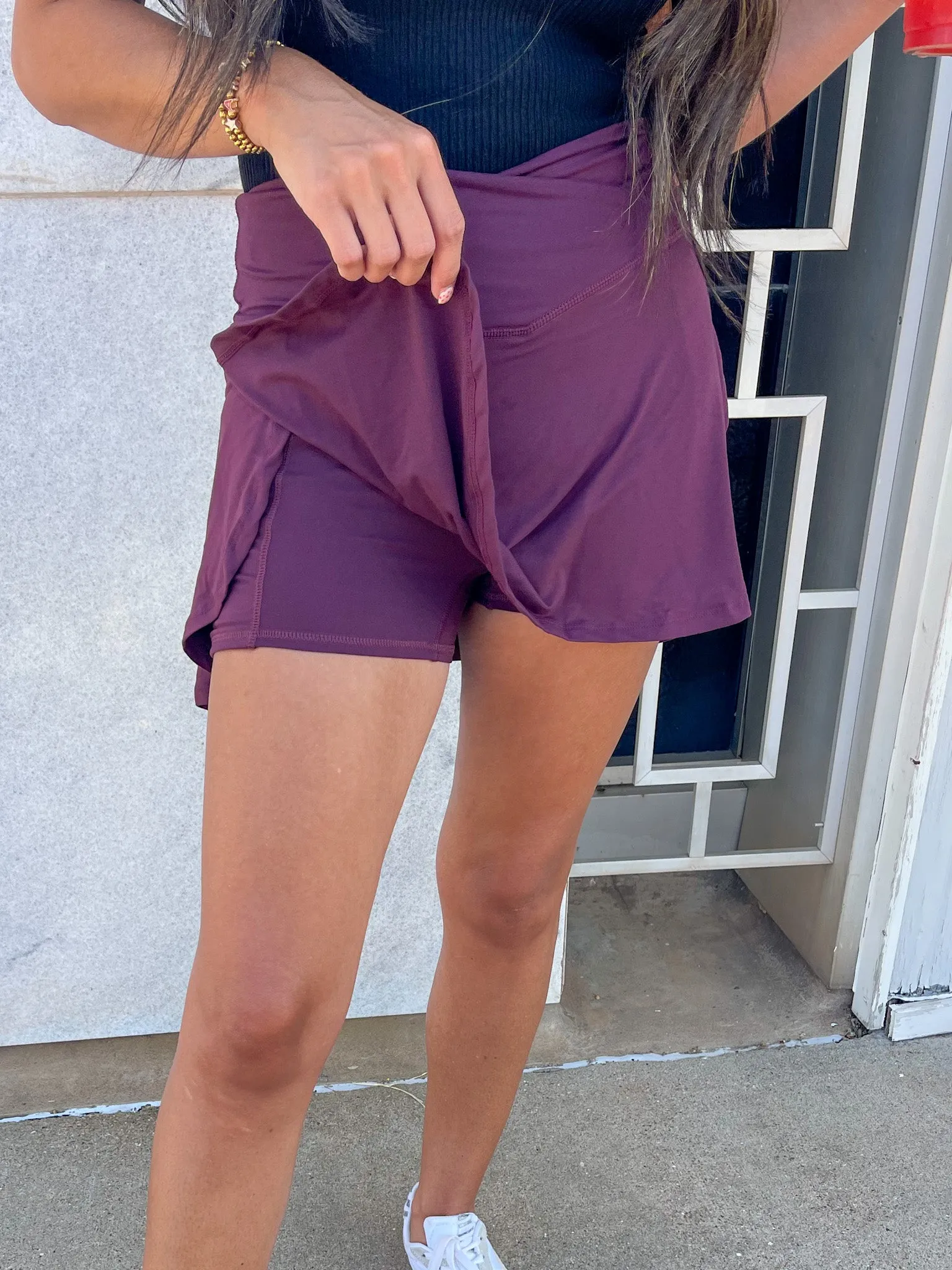 High Waist Crossover Skort - Cassis