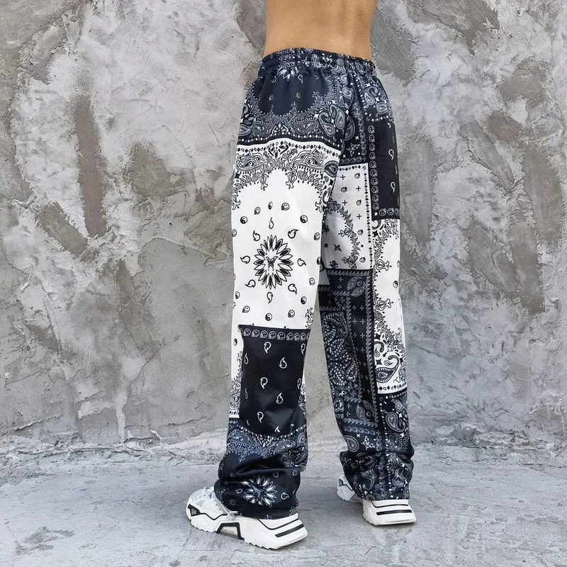 Hip Hop Sweatpants Printed Patchwork Men Straight Pants Casual Clothing Retro Legged Trousers