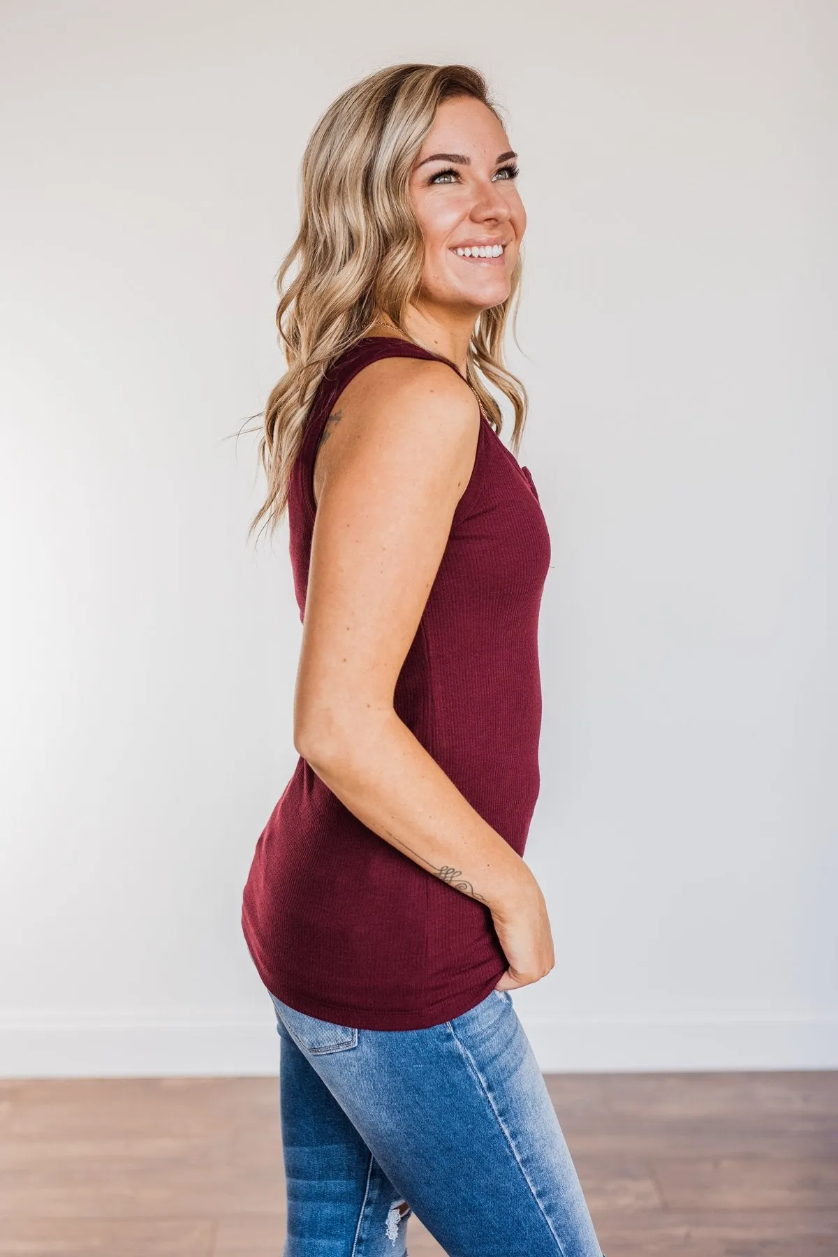 In My Feelings Henley Tank Top- Burgundy