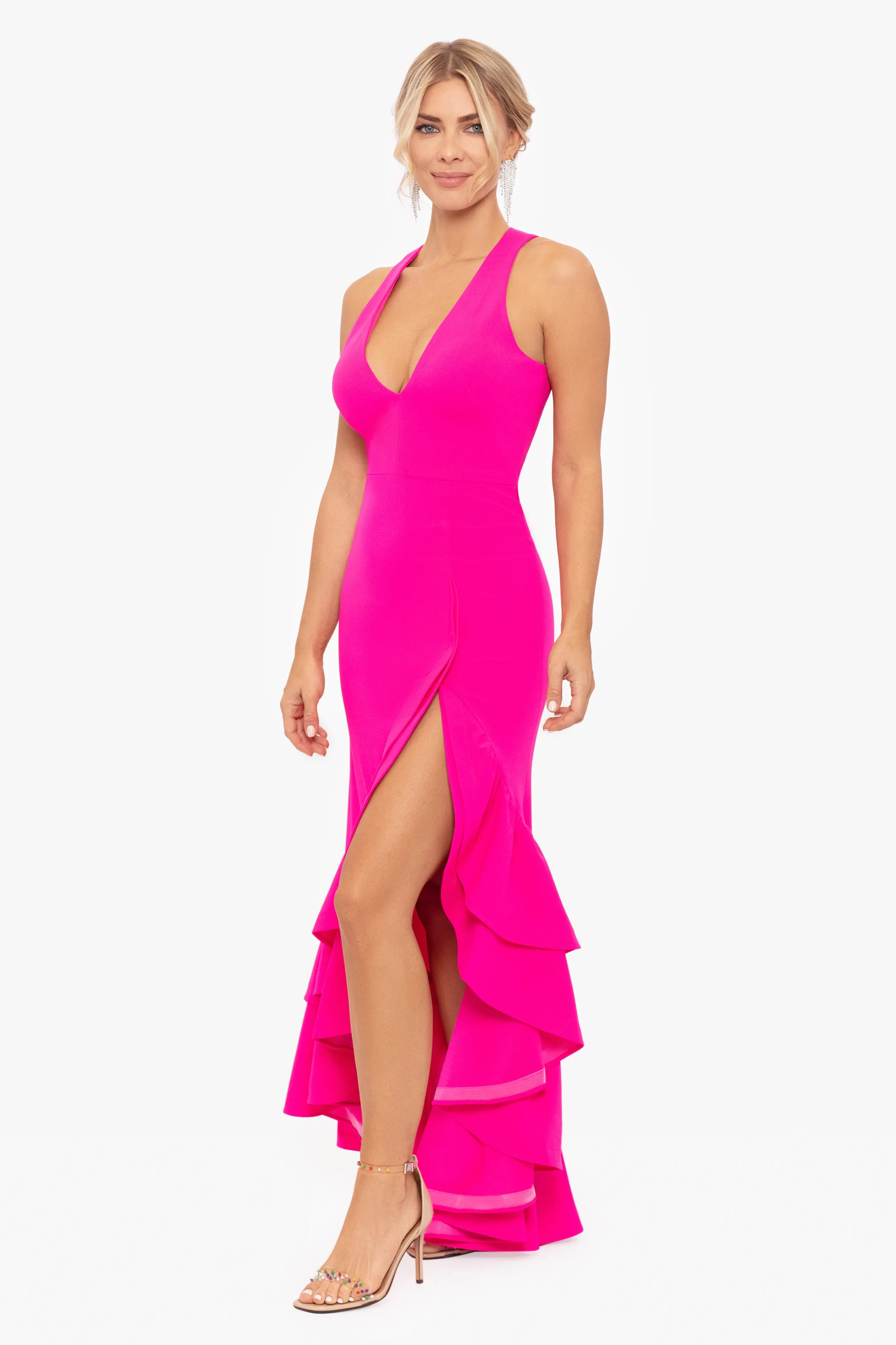 Mae V Neck Ruffle Tier Scuba Crepe Dress