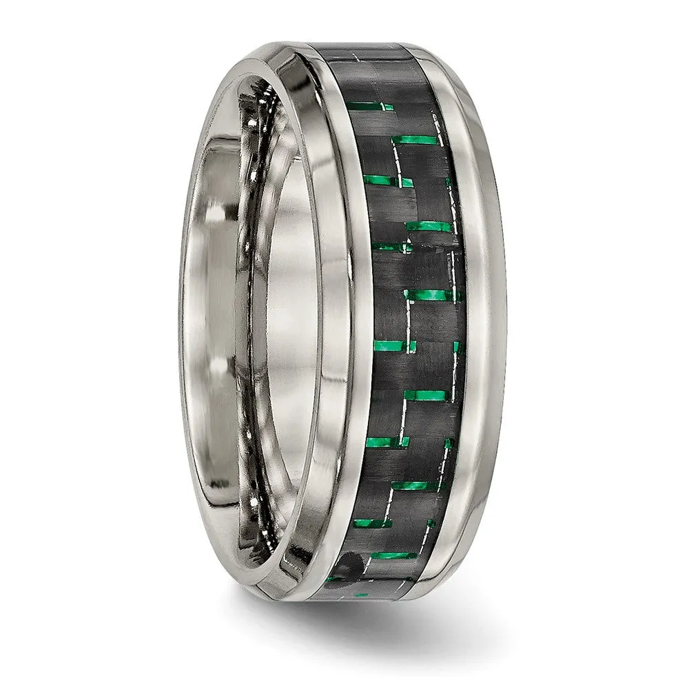 Men's 8mm Titanium Black/Green Carbon Fiber Beveled Comfort Fit Band