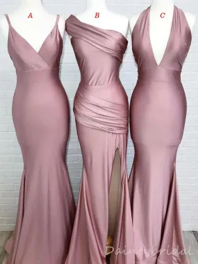 Mismatched Elegant Spaghetti Straps One Shoulder Deep V-neck Mermaid Long Bridesmaid Dress with Side Slit customized, BG218