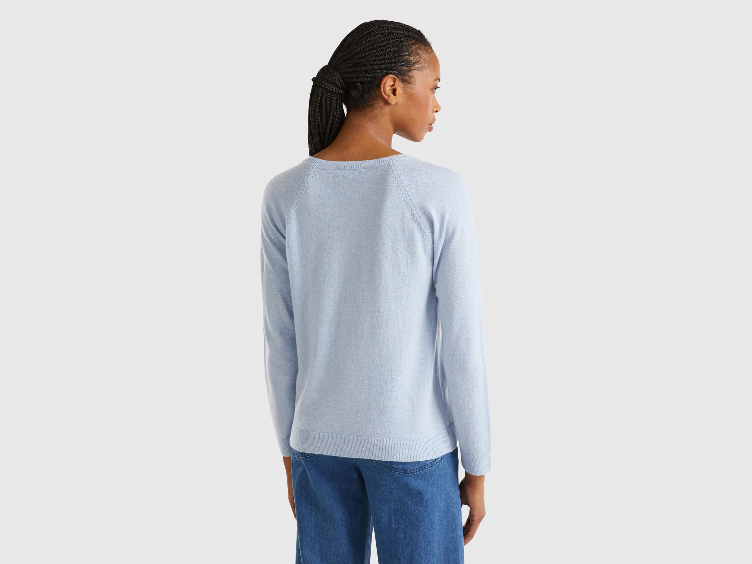 Ocean blue crew neck sweater in wool and cashmere blend - Light Blue | Benetton