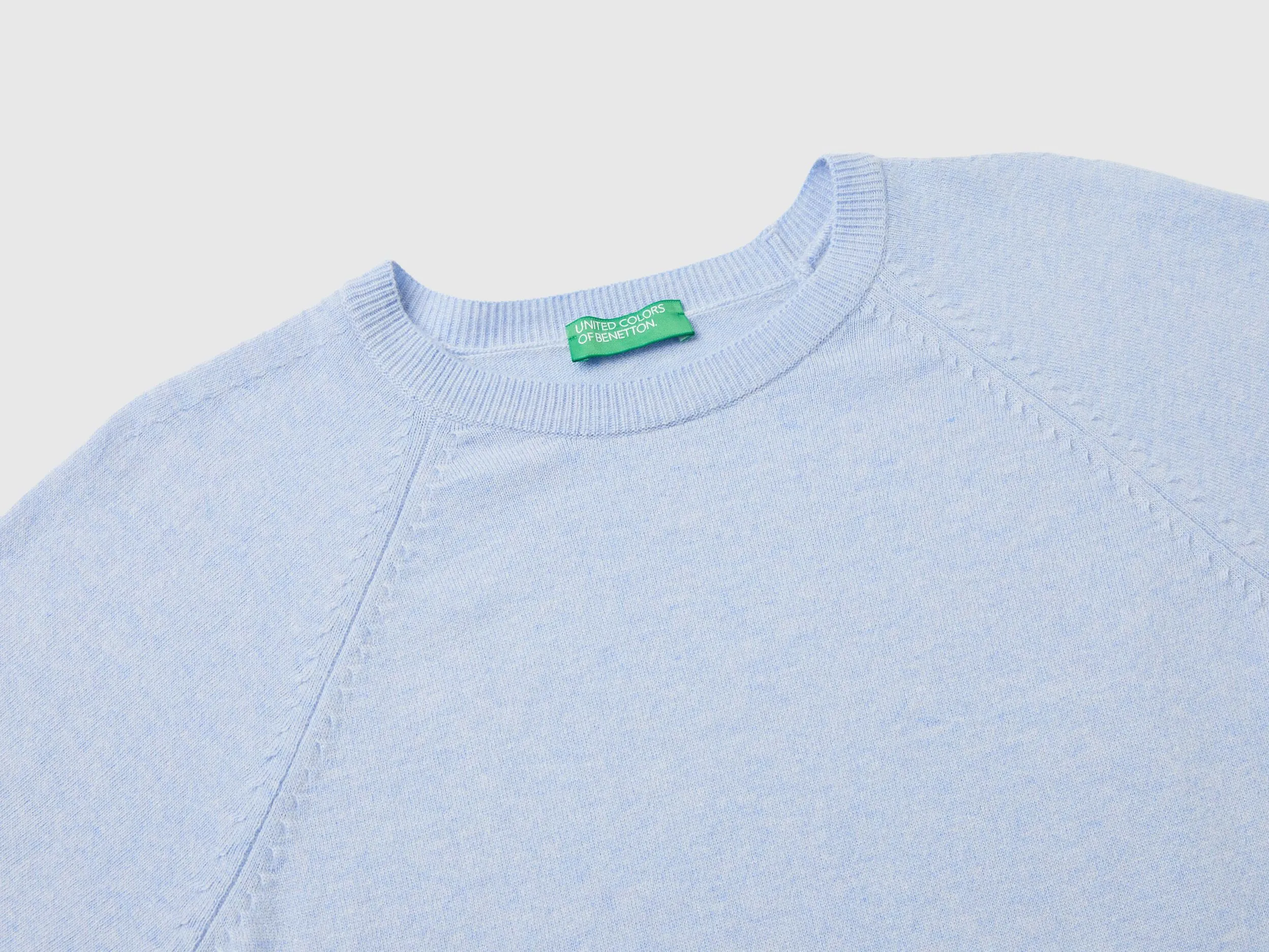 Ocean blue crew neck sweater in wool and cashmere blend - Light Blue | Benetton