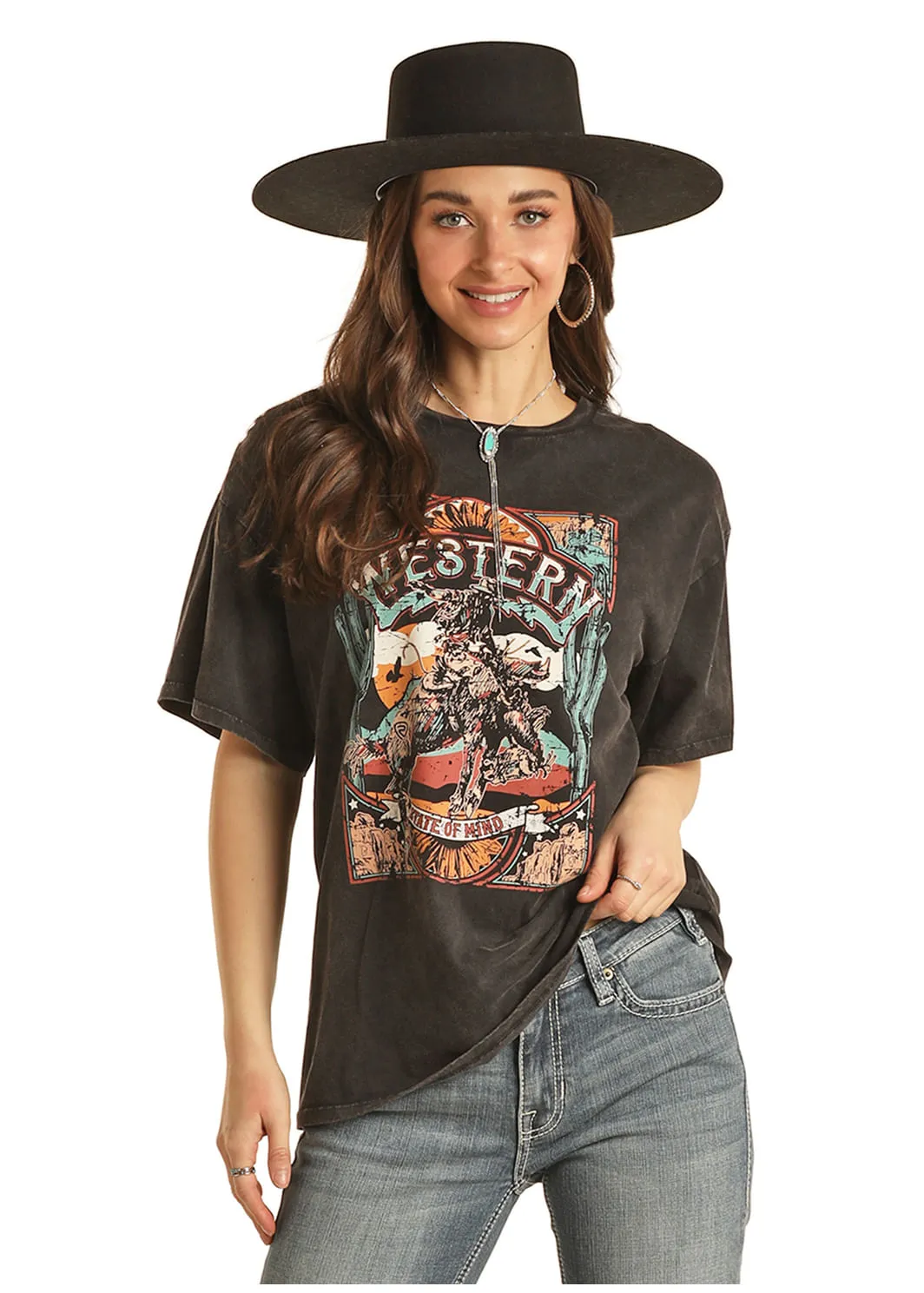 Panhandle Slim Womens Oversized Western State of Mind Graphic Short Sleeve Shirt