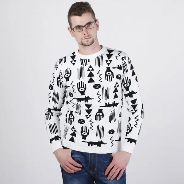 Primitive Art Symbols Pattern Woven Jumper for Men - White Grey