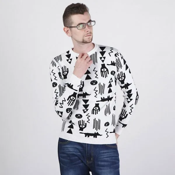 Primitive Art Symbols Pattern Woven Jumper for Men - White Grey