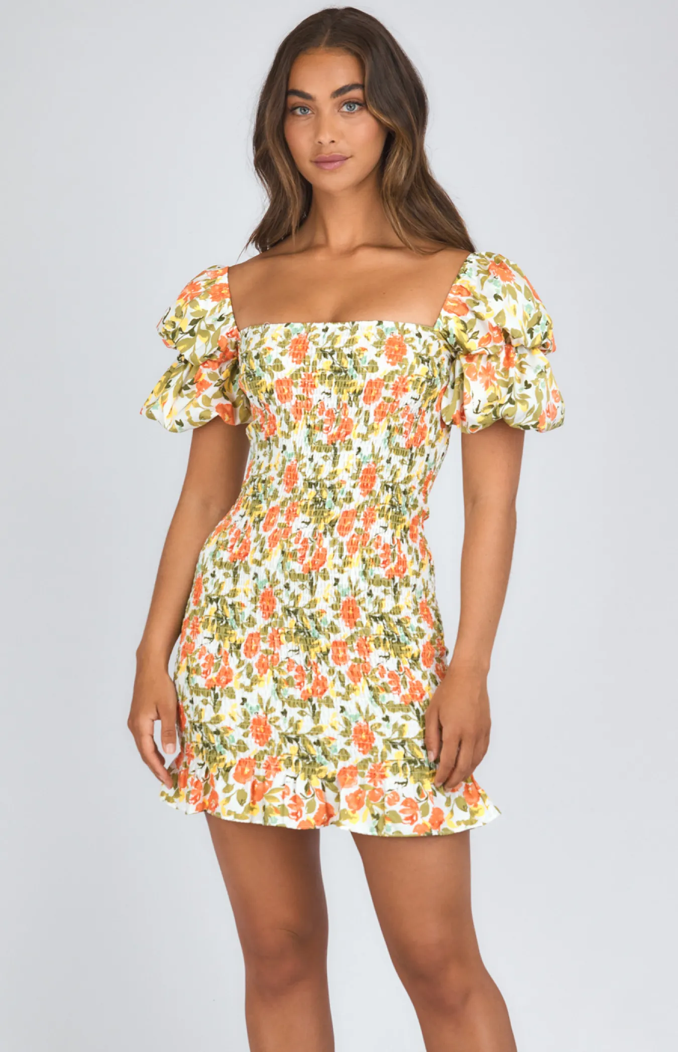 Printed Square Neckline Shirred Dress (SDR983A) 